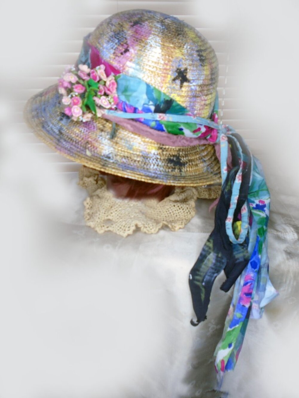 Unique Straw Hat is Upcycled One of a Kind, Hobo Chic Bohemian Poverty Core - Picture 7 of 8